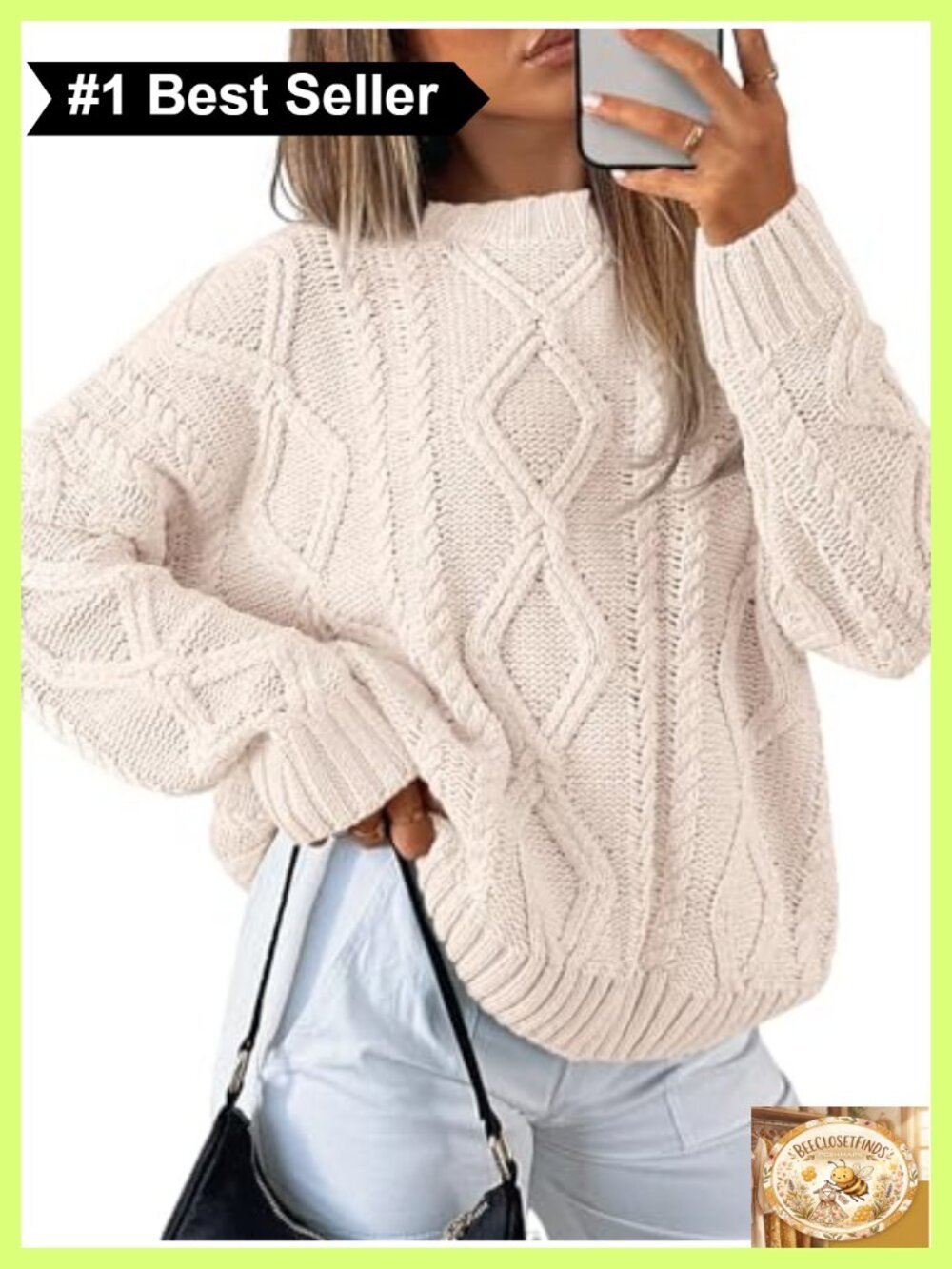 Cable Knit Oversized Sweater Cotton Blend Pullover Crew Neck